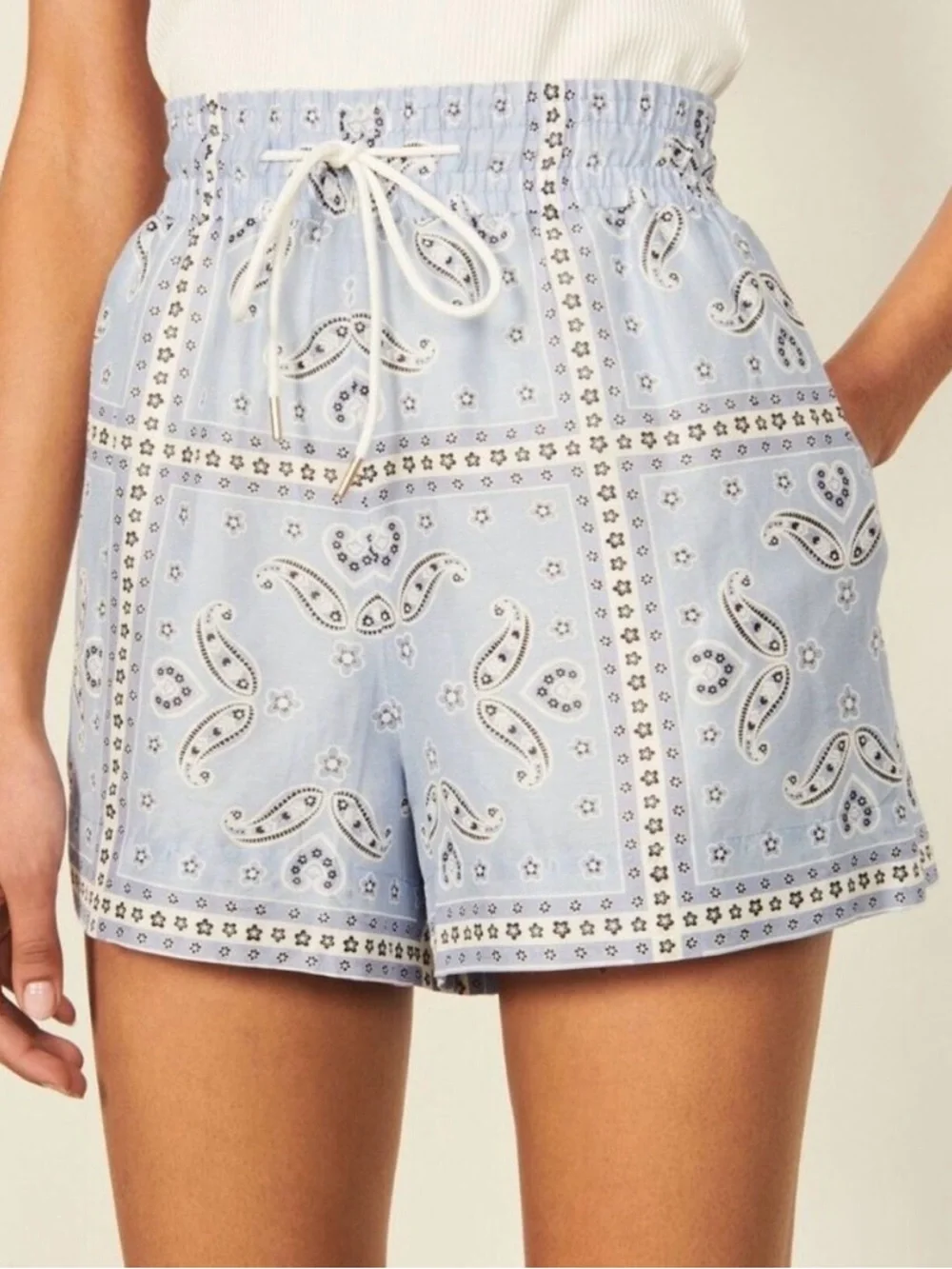 Sandro Light Blue Bandana Print High-Waisted Shorts - Picture 1 of 5
